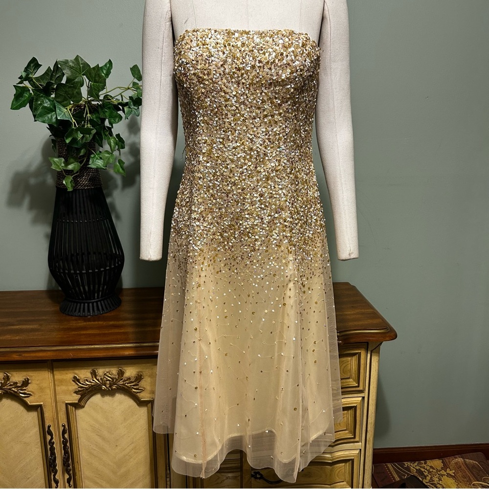 Scala Gold Glistening Sequin Tulle Sleeveless Strapless Formal Party Gown